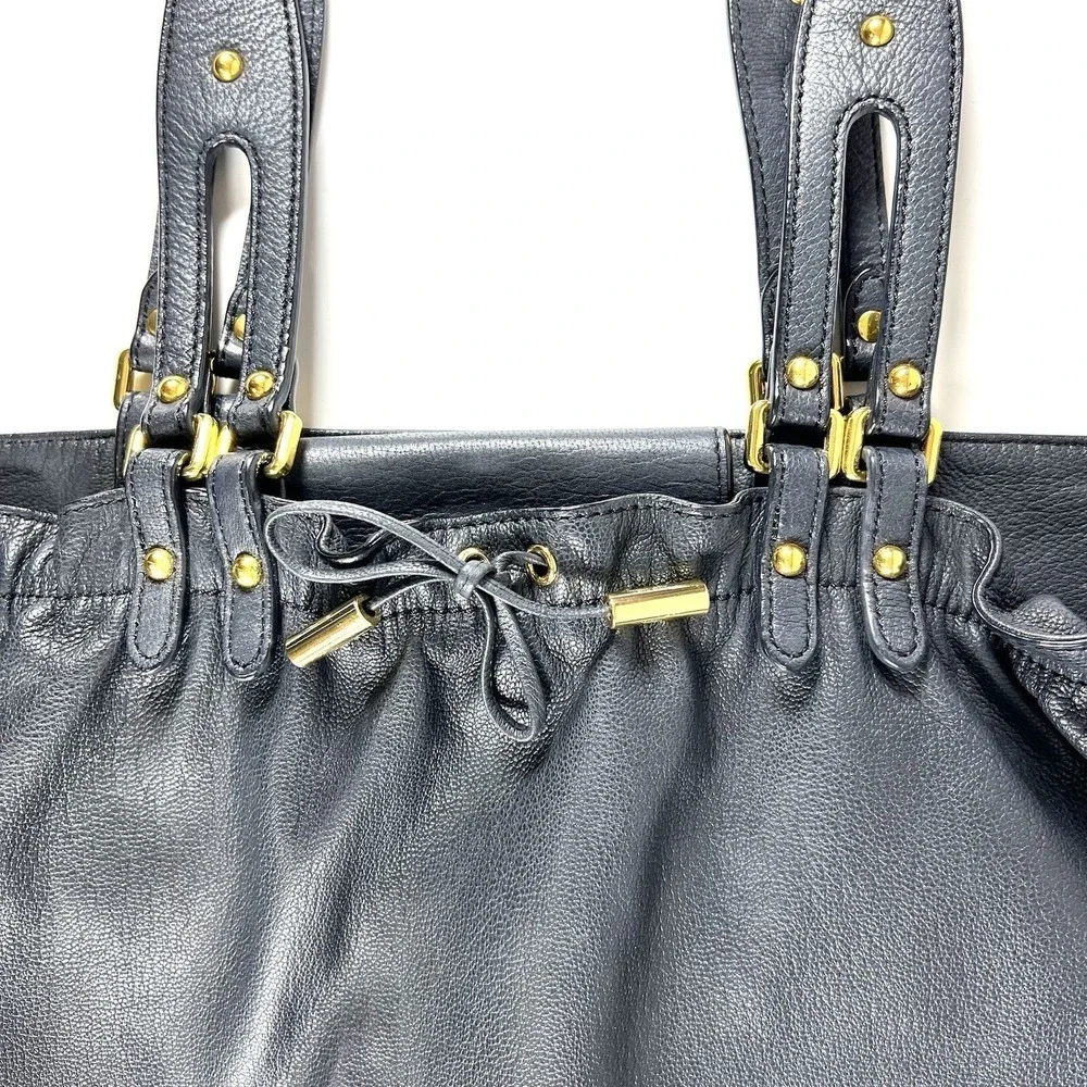 DKNY Karen Large Black‎ Leather Drawstring Shoulder Tote Bag Gold Hardware